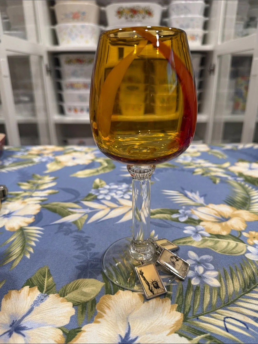 Amber hand blown Stemmed Wine Glass with Clear Stem - Home Dining Drinkware